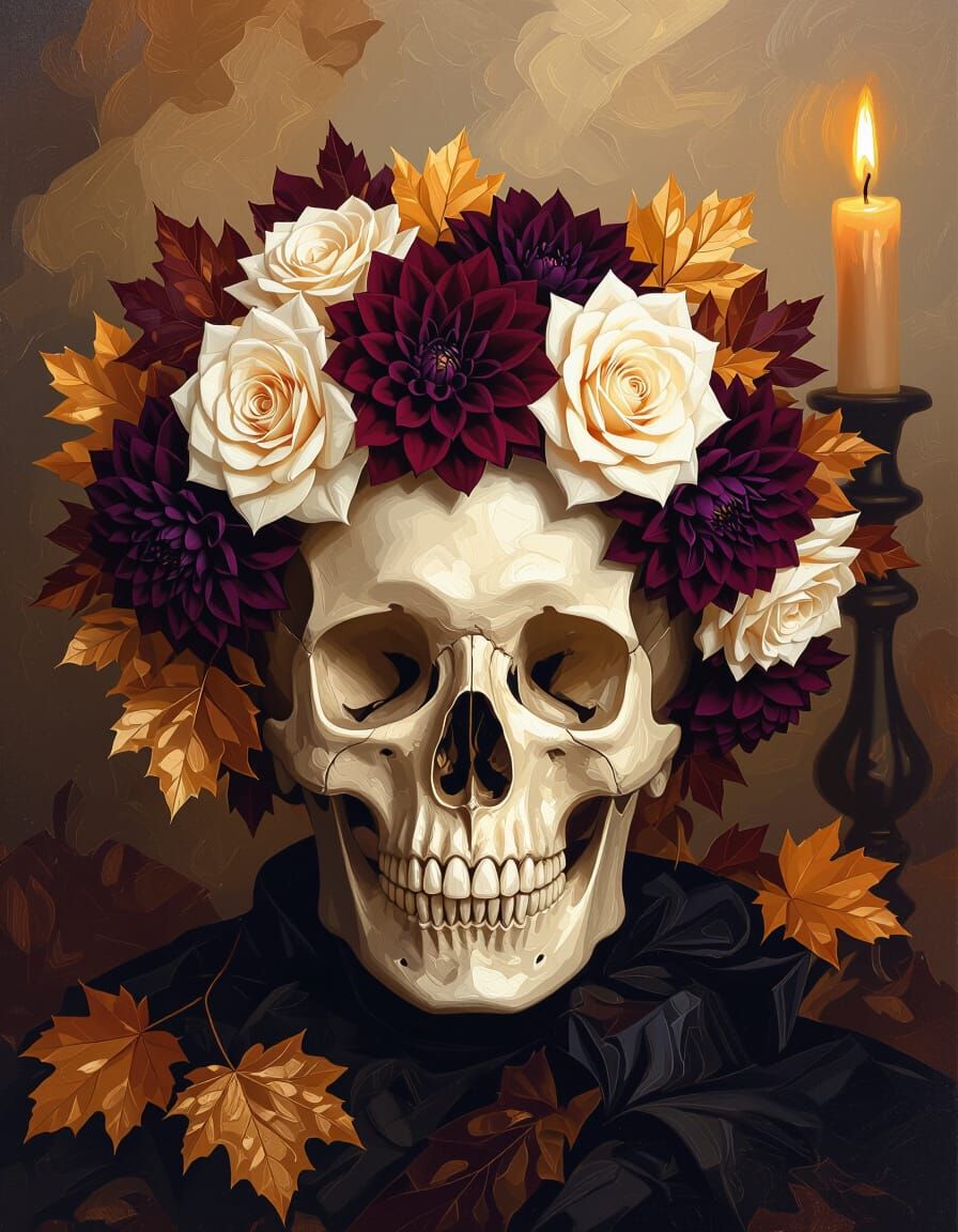 Skull Crowned with Autumn Flowers: Dramatic Fine Art