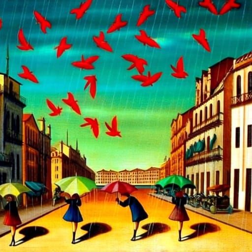 Surreal Red Feathers Rain Down on City Street