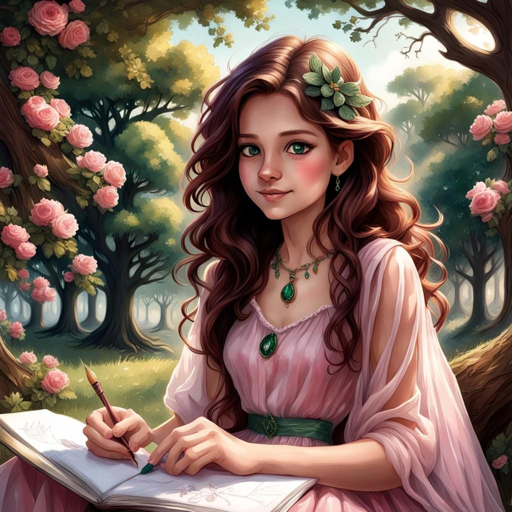 Girl Sketching Under Oak Tree: Fantasy Art