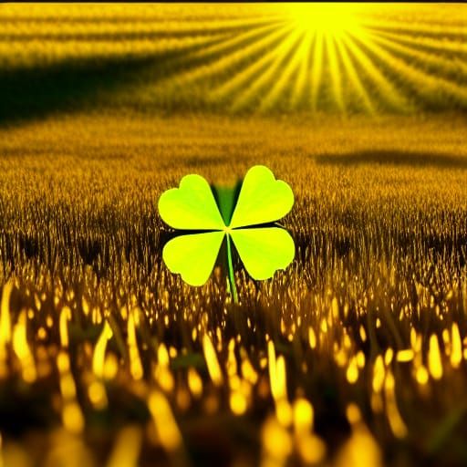 Glowing Four-Leaf Clover in Golden Sunset Field