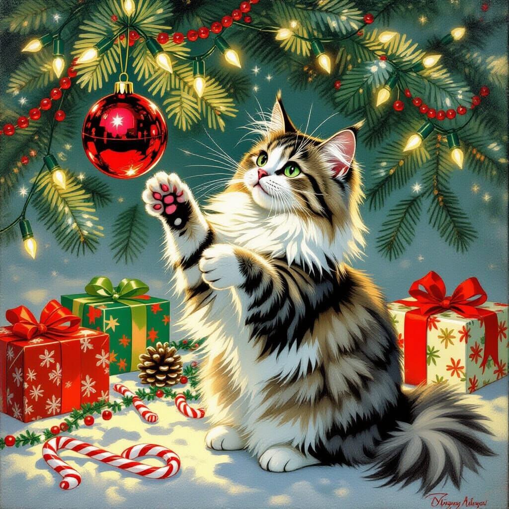 Vintage Christmas Cat Swatting Ornament