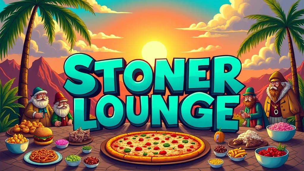 Stoner Pilgrims Feast in Psychedelic Cartoon Landscape