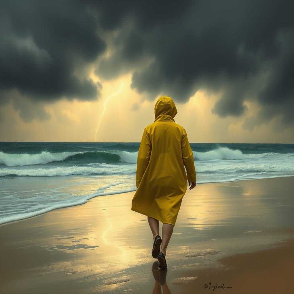 Woman in Yellow Raincoat at Stormy Beach