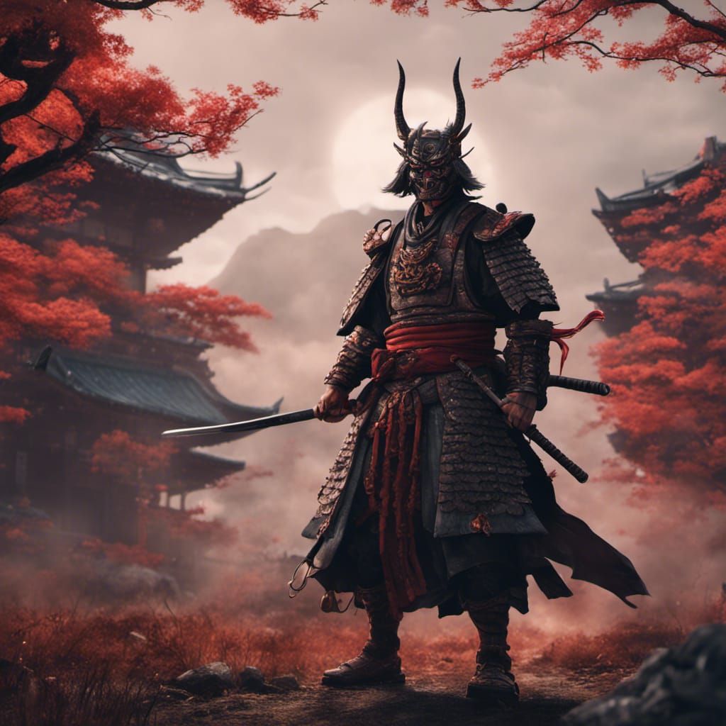 Samurai with Oni Mask in Detailed Matte Painting