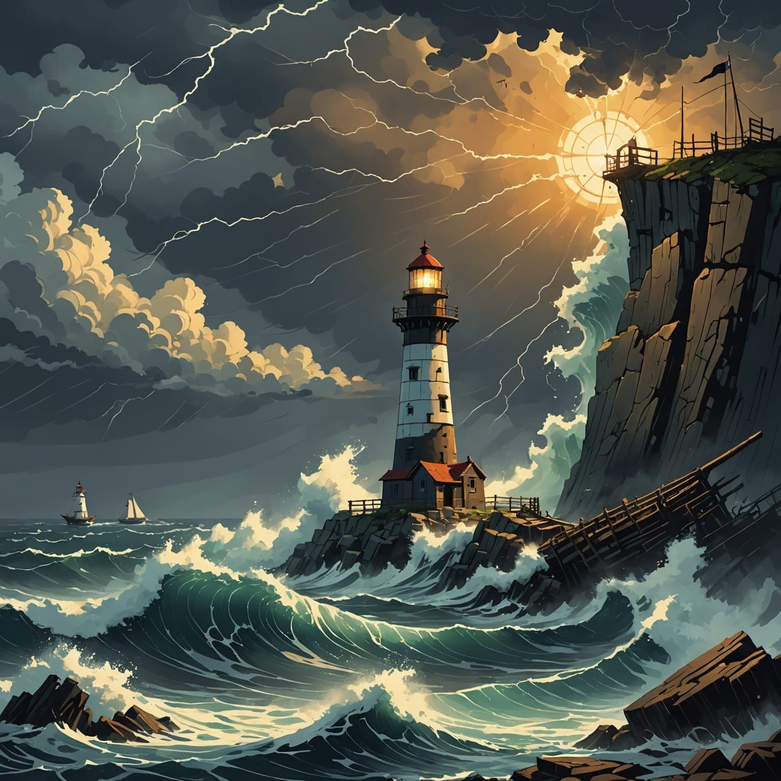 An ancient, weathered lighthouse standing defiantly on a jagged cliff, surrounded by stormy seas. Towering waves crash v...