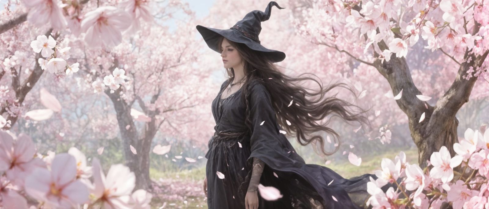A mystical witch stands amidst a grove of cherry blossoms, a...