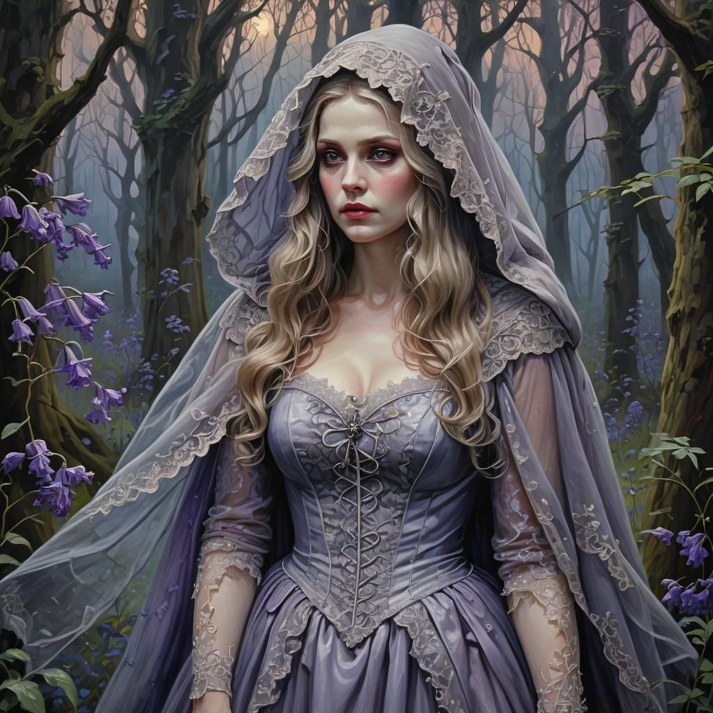 Lilac lady in bluebell forest