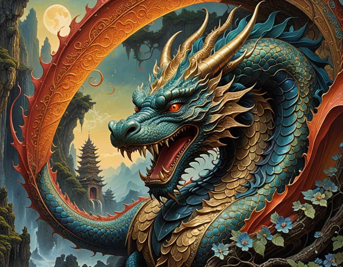 Majestic Luck Dragon Radiates Good Fortune in Vibrant Oil Pa...