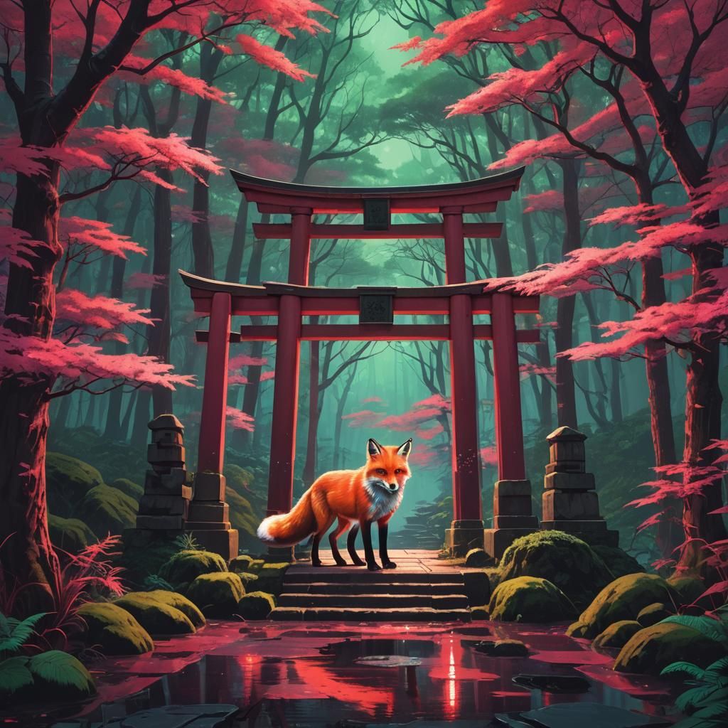 Red Fox by Torii Gate in Neon Synthwave Style