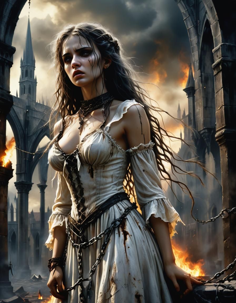 Visceral Witch Burning in Medieval Cityscape