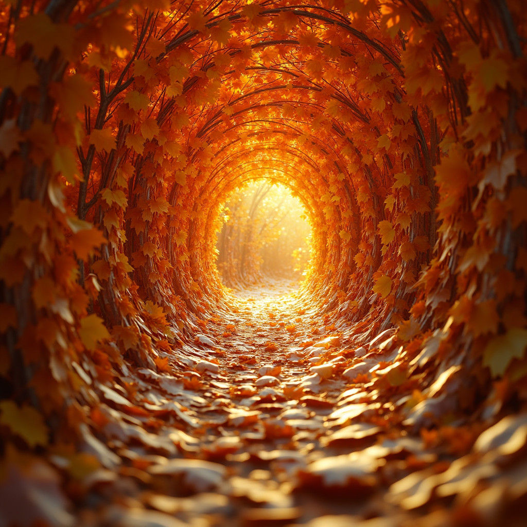 Distorted Fall Leaves in Infinite Autumn Tunnel