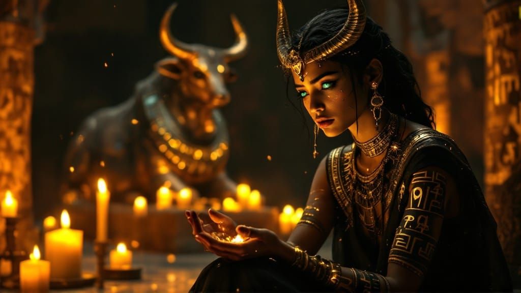 Ancient Egyptian Priestess in Golden Hieroglyphic Adornment