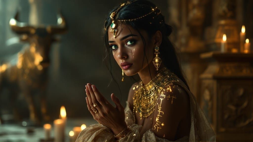 Ancient Egyptian Priestess in Golden Hieroglyphs