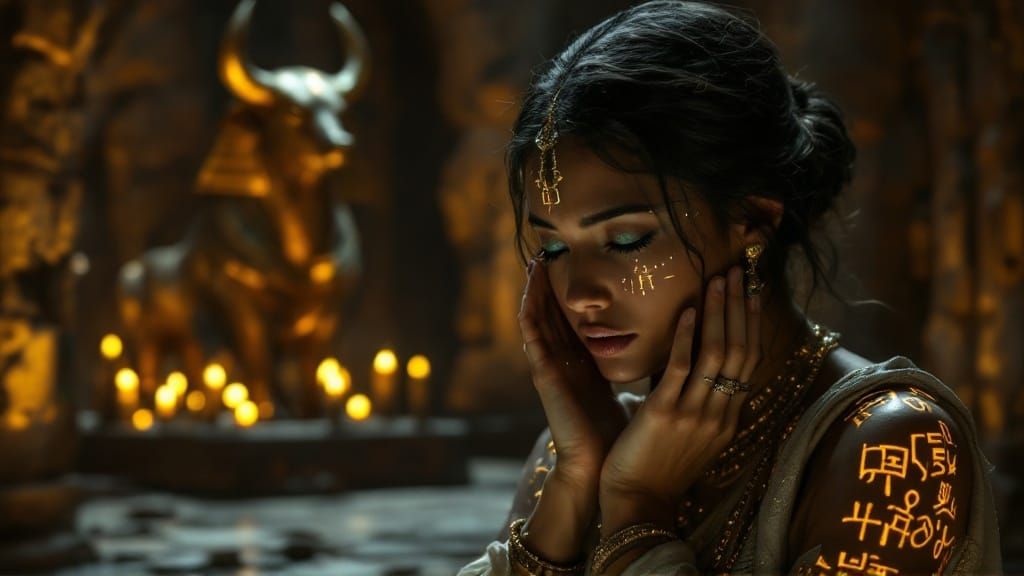 Ancient Priestess in Golden Hieroglyphic Adornment