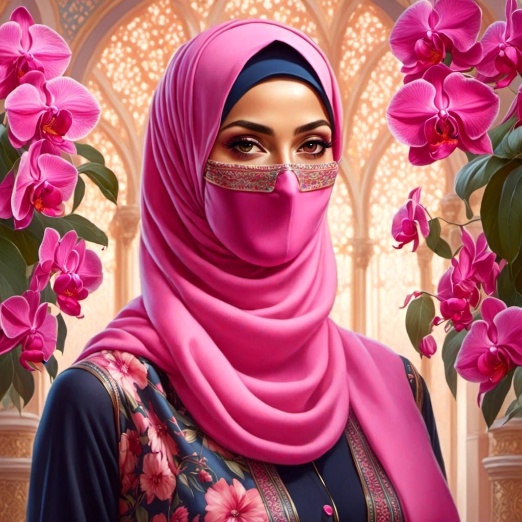 Confident Hijabi Woman with Orchids and Facemask