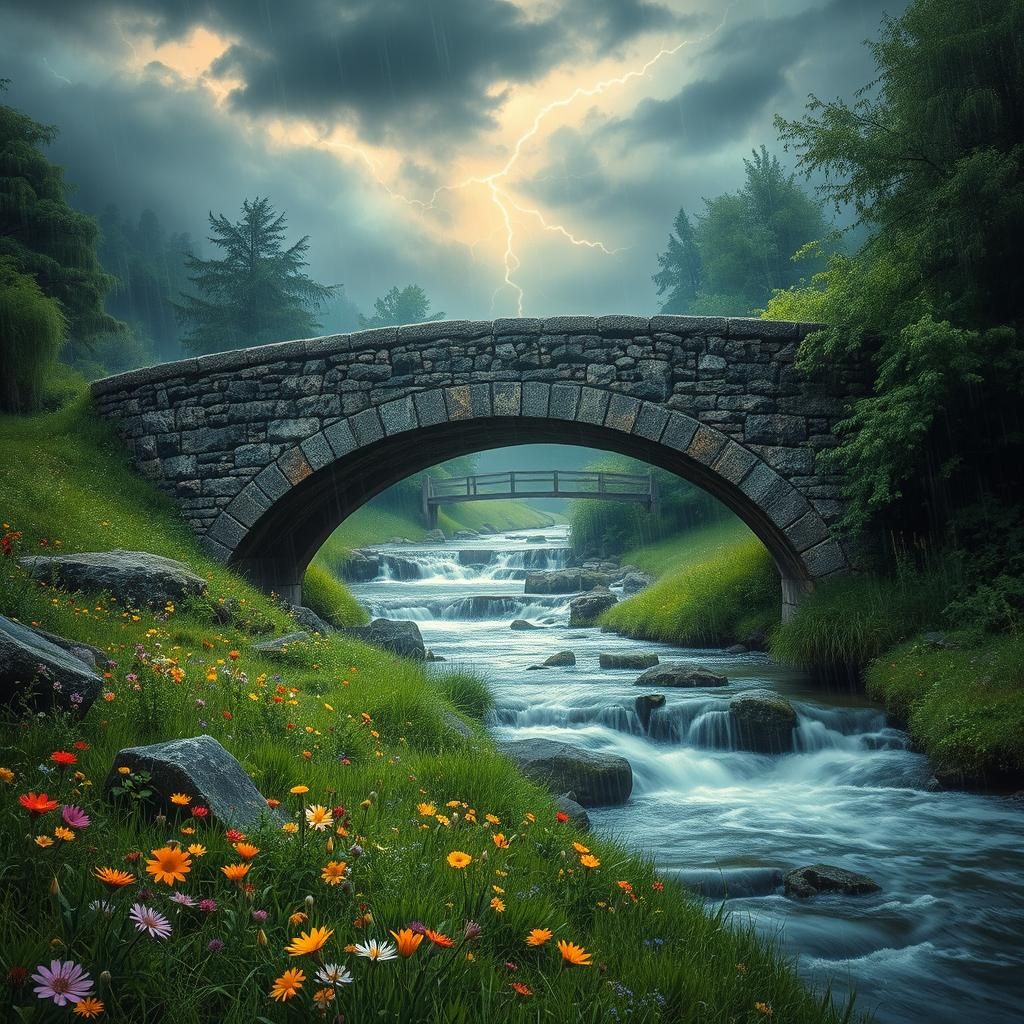 Ethereal Stone Bridge Over Creek in Lush Meadow