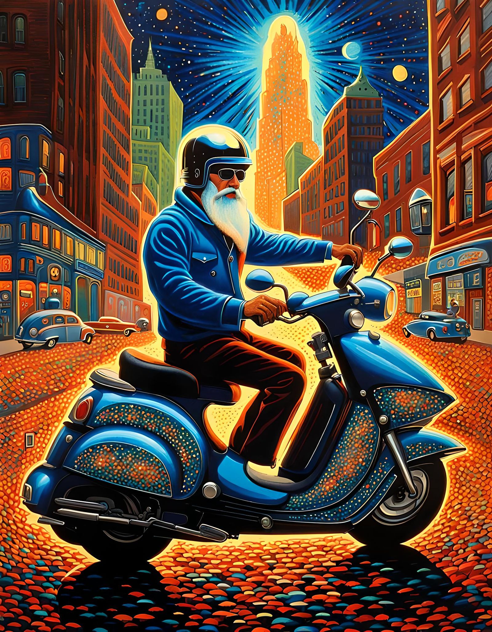 Super Daddy-O Rides Quantum Moped through Decoupage City
