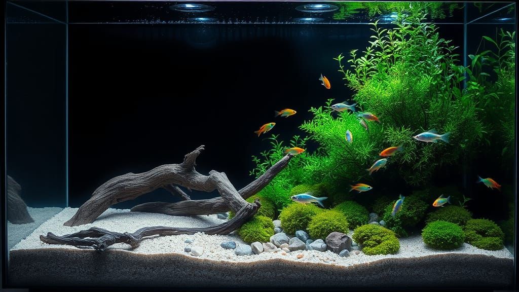 Sleek Aquarium Showcases Thriving Aquatic Ecosystem in Art D...