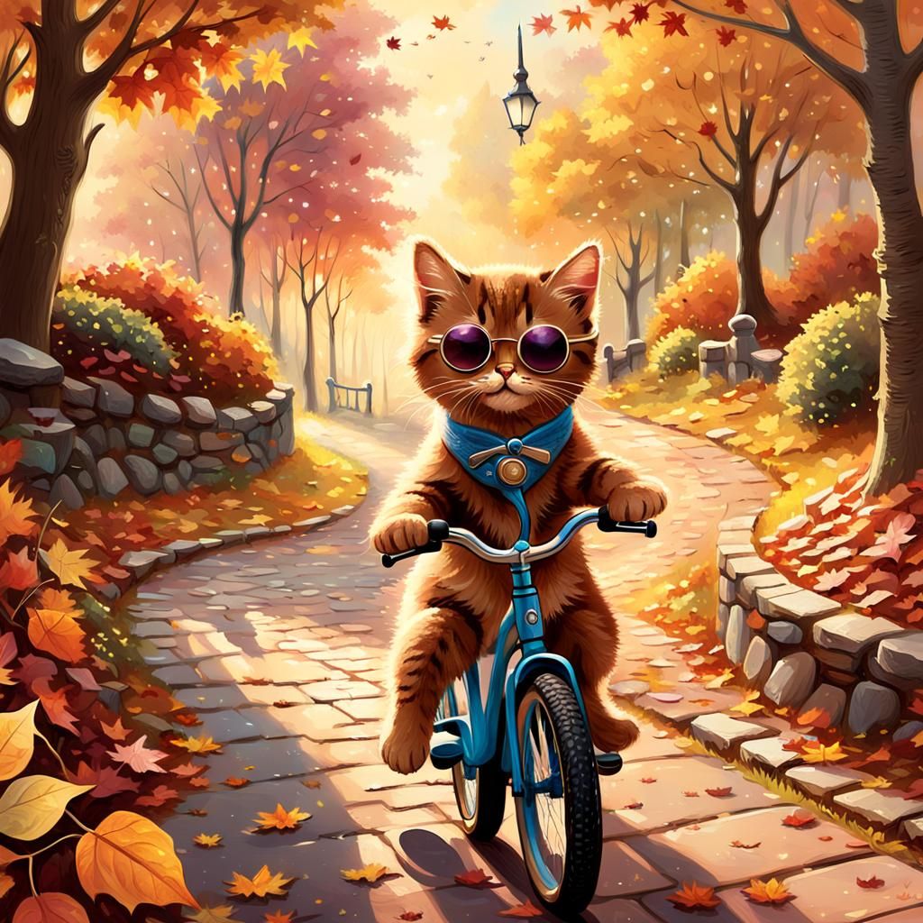 Kitten Rides Bicycle on Autumn Path