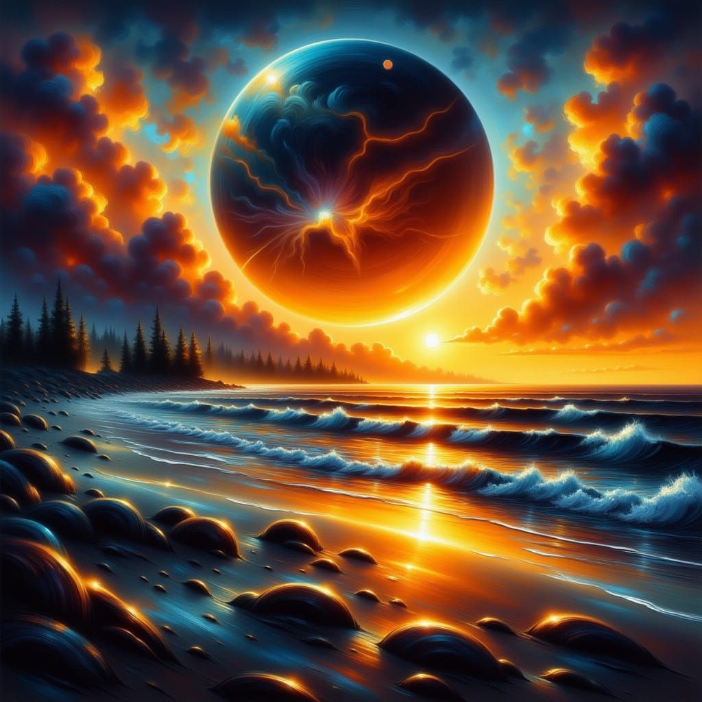 Luminous Planet Rising Over Seascape as Oil Painting