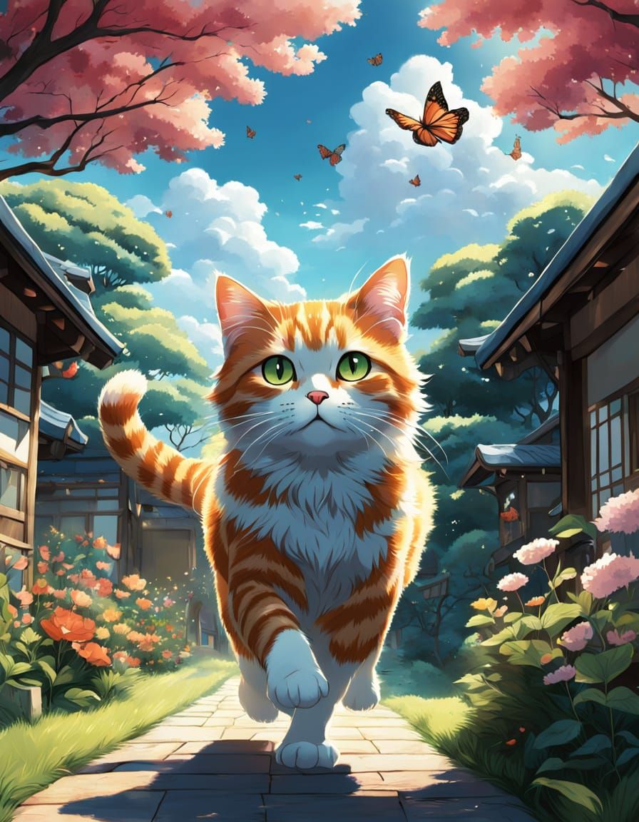 Anime-Style Cat Chases Butterfly in Vibrant Garden