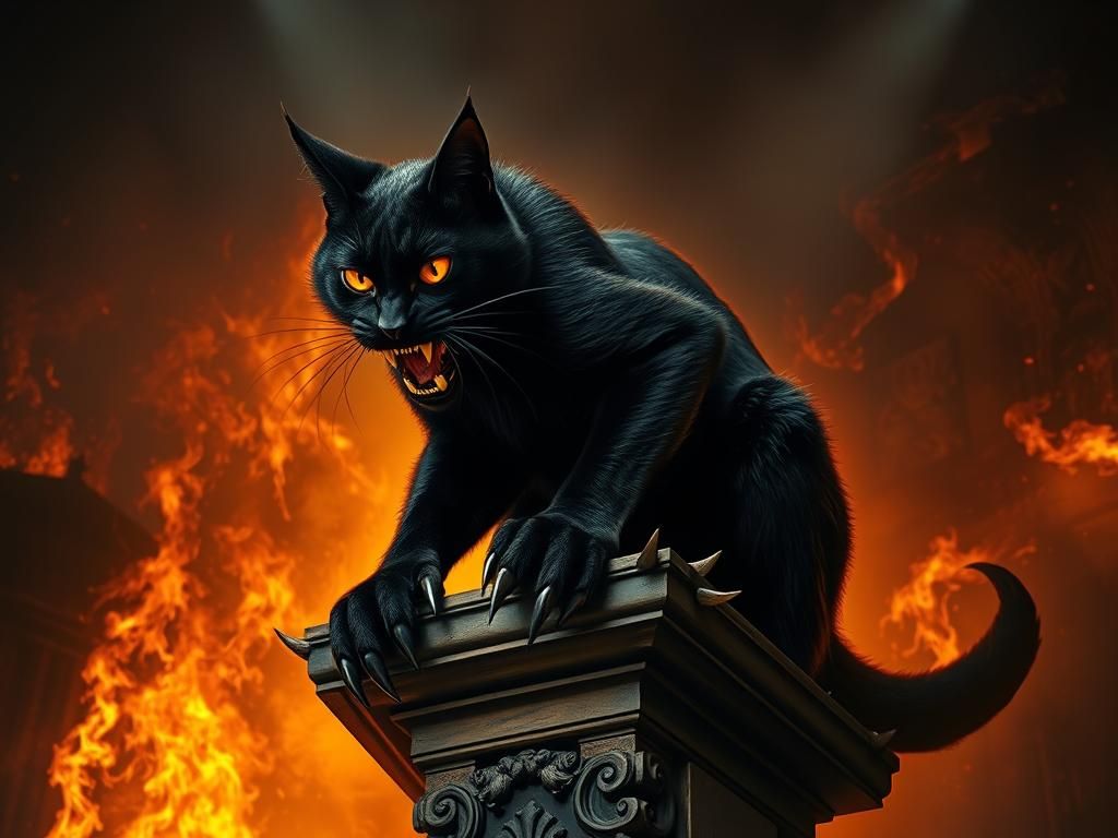Evil Black Cat in Burning Mansion, Baroque Style