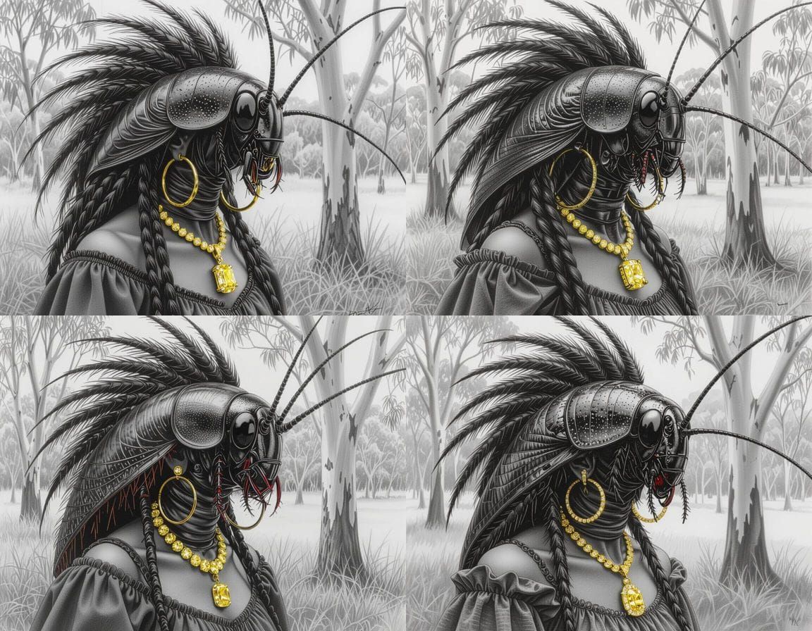 Aged Cockroach Woman in Charcoal Drawing Style