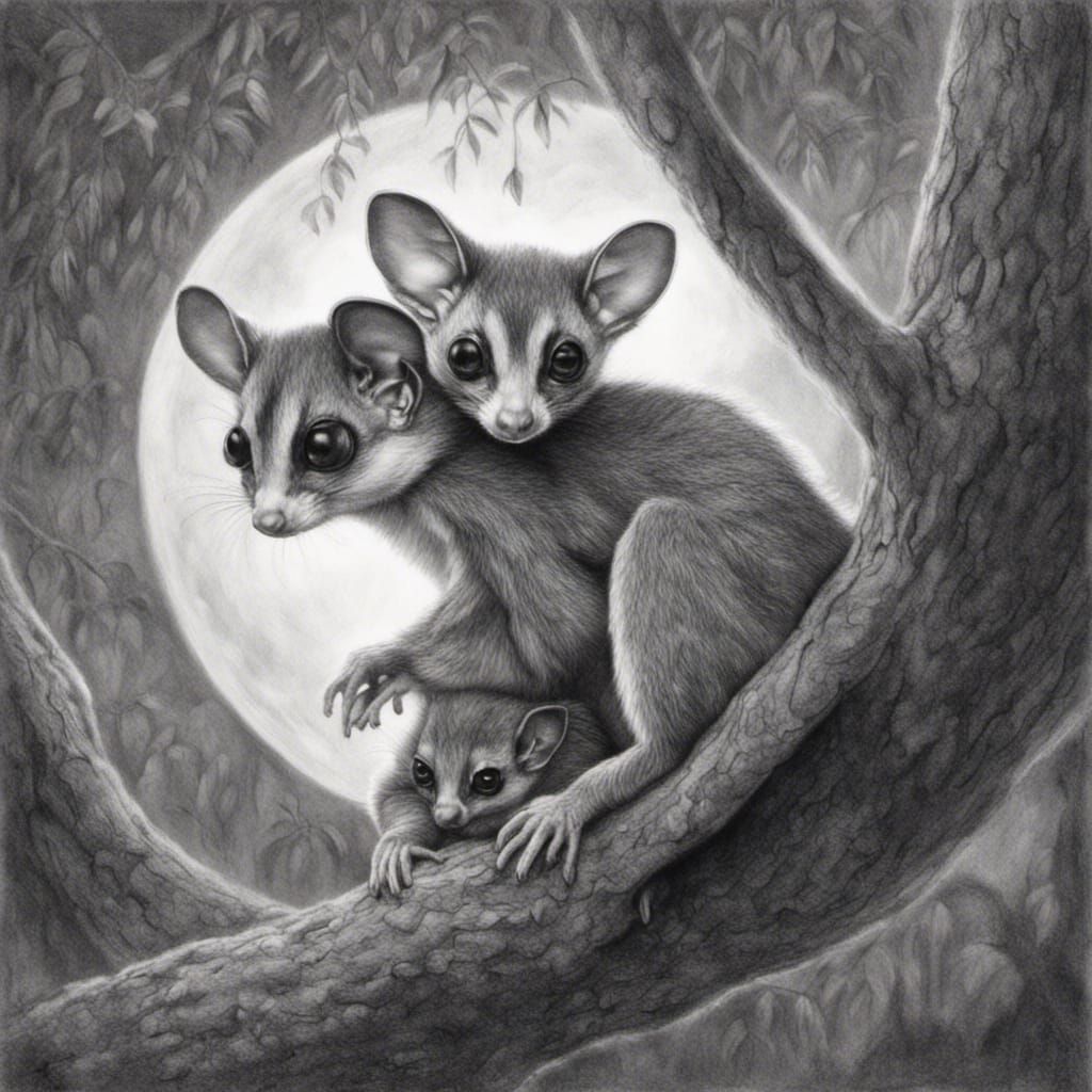 a graphite drawing an enchanting scene of a baby sugar glider clinging to its mother's back as they glide through the m...