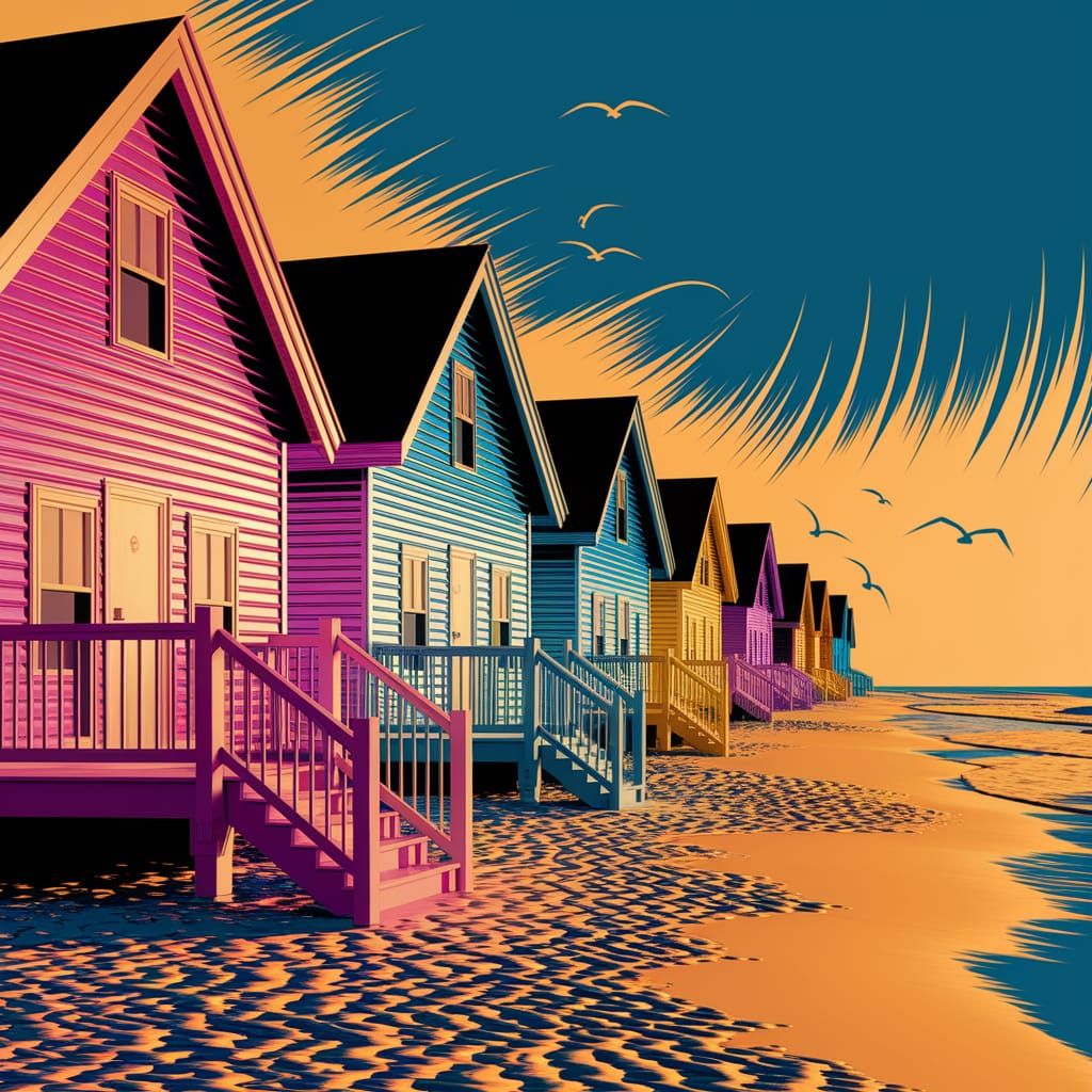Metallic Beach Cottages in Pop Art Style
