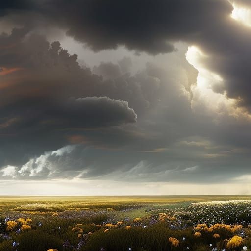 Dramatic Cloudy Starry Sky Over Wildflower Field