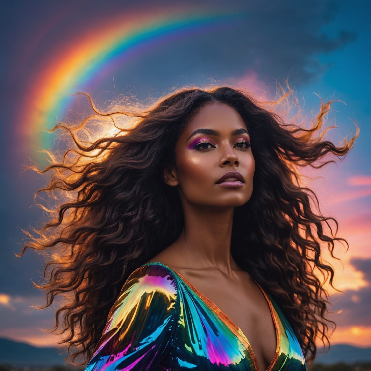 Radiant Woman in Prismatic Rainbow Sky