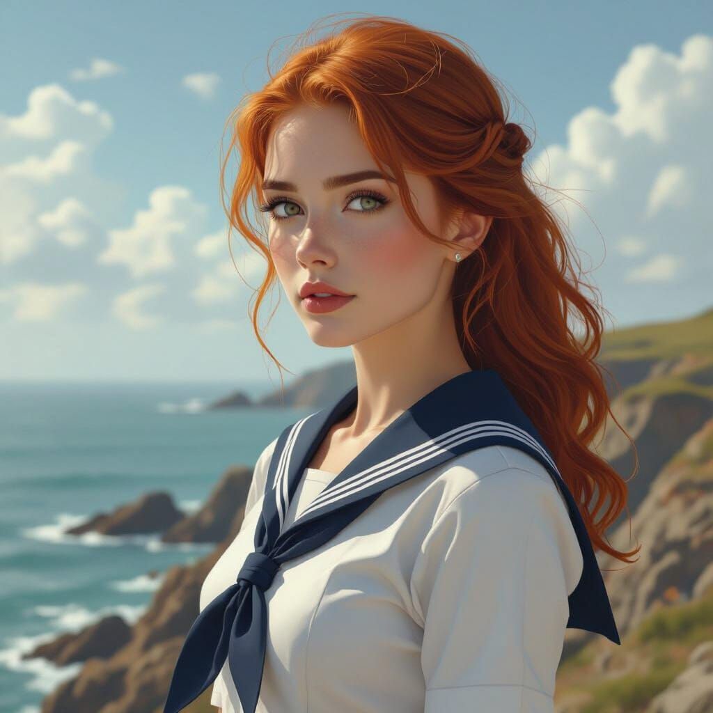 Ginger Haired Woman in Sailor Outfit on Cliff