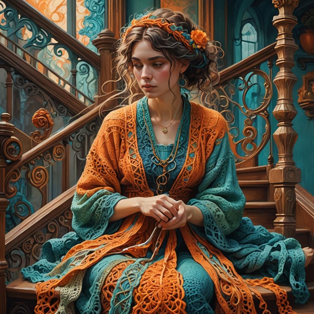 Woman Crochet Staircase: Vibrant Oil Painting