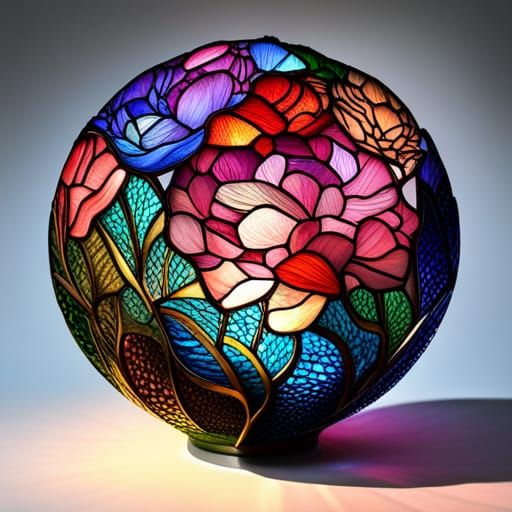 Stained Glass Sphere with Luminous Peonies