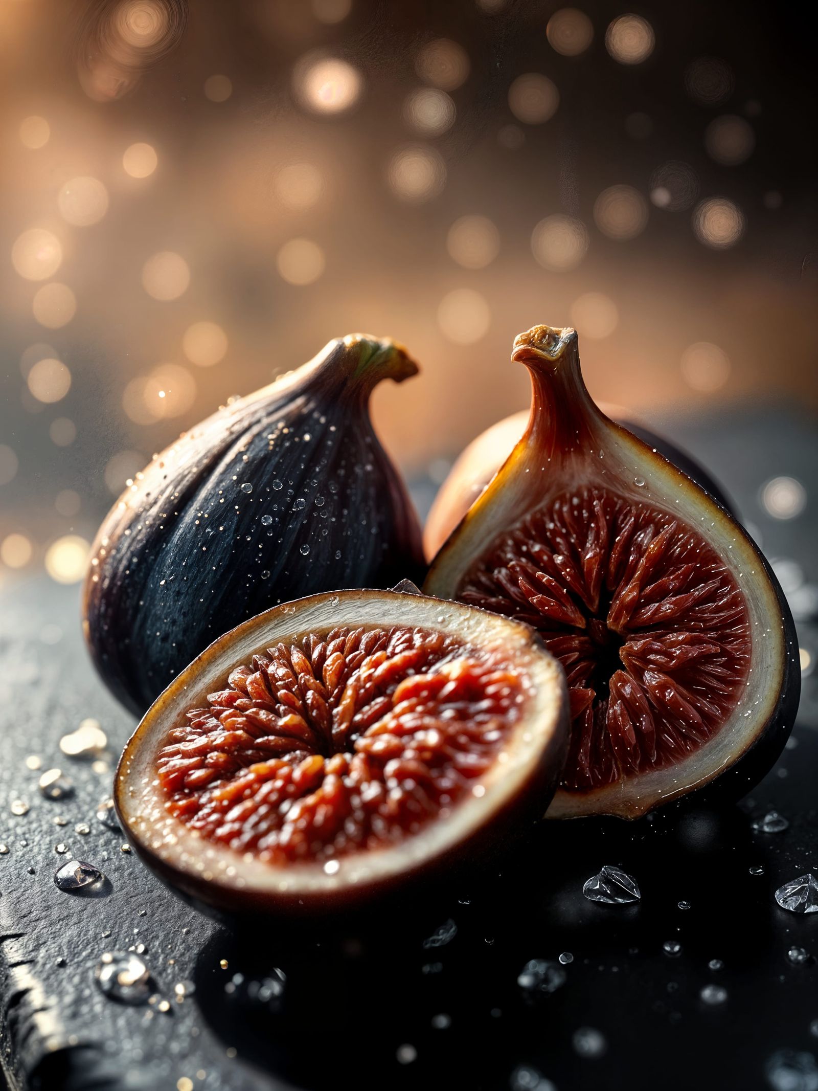 Elegant Purple Figs on Black Slate, Snowflakes, and Dewy Dri...