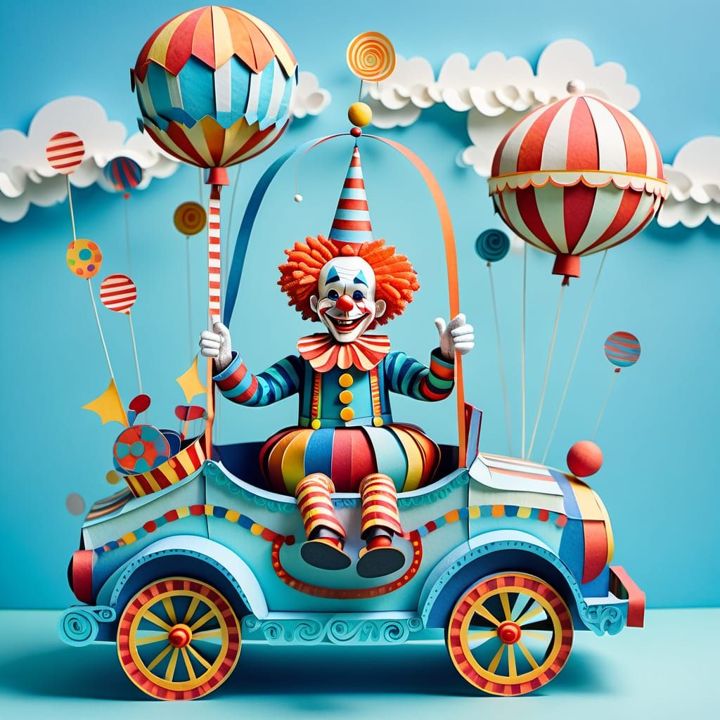 Colorful Papercraft Clown in Circus Car