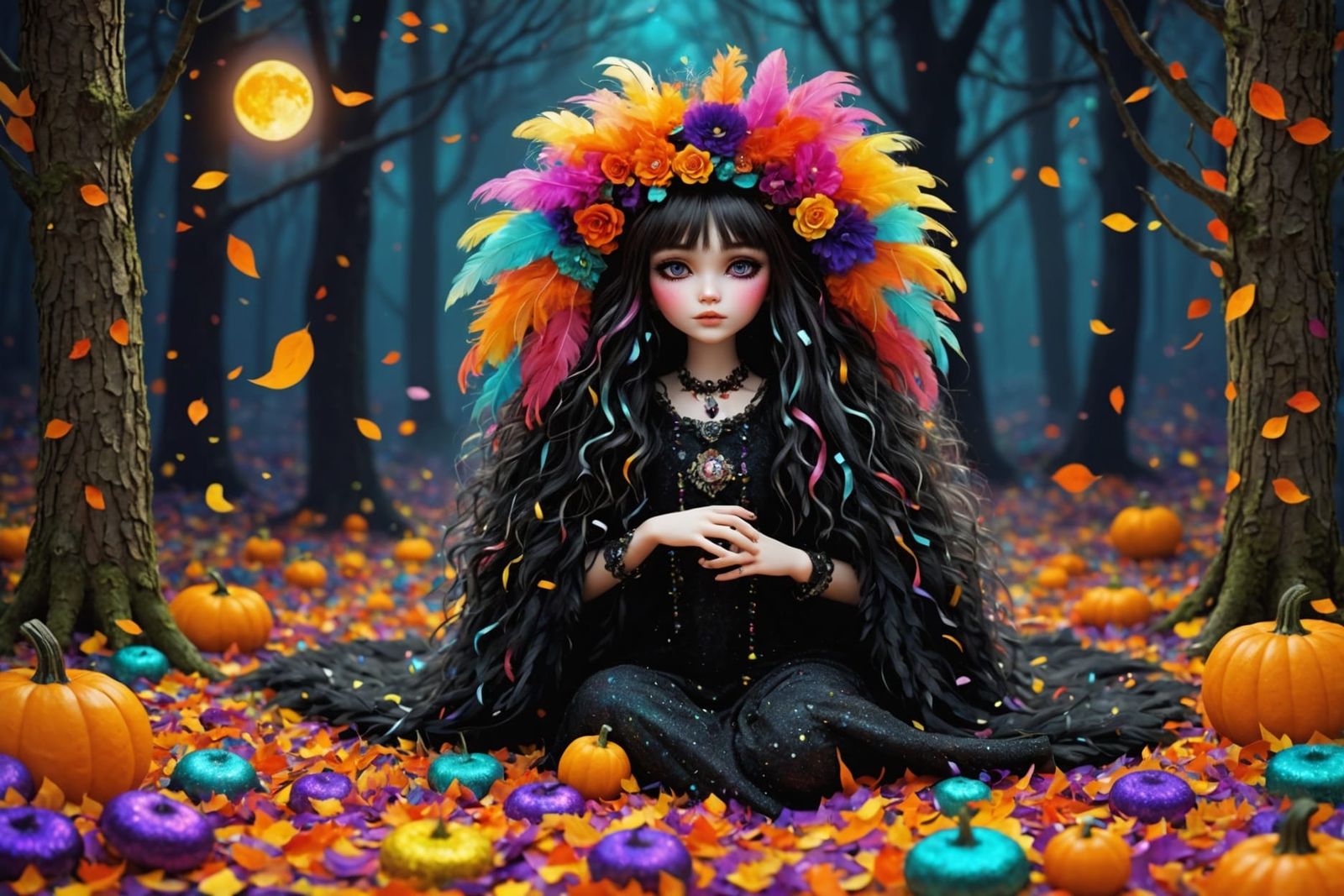 Cute Klimt Halloween Samara with Multicolored Feathers
