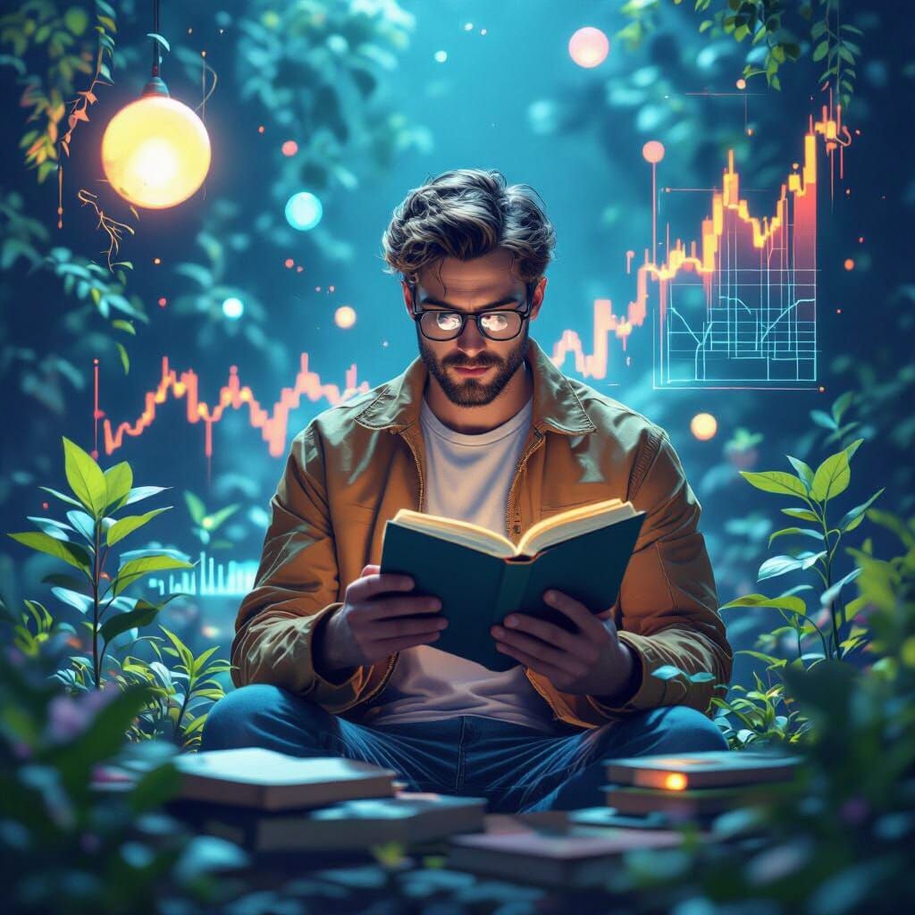 Man Analyzing Charts in Futuristic 3D Scene