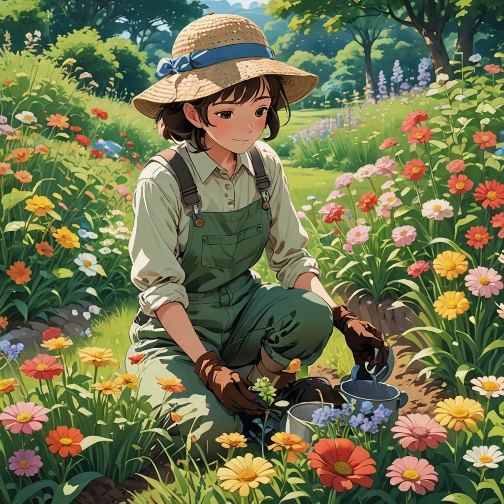 Italian Gardener in Anime Style Planting Flowers