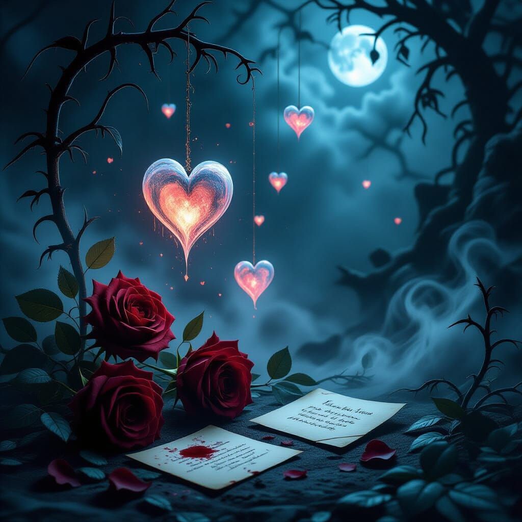 Darkly Romantic Valentine's Scene with Ethereal Hearts