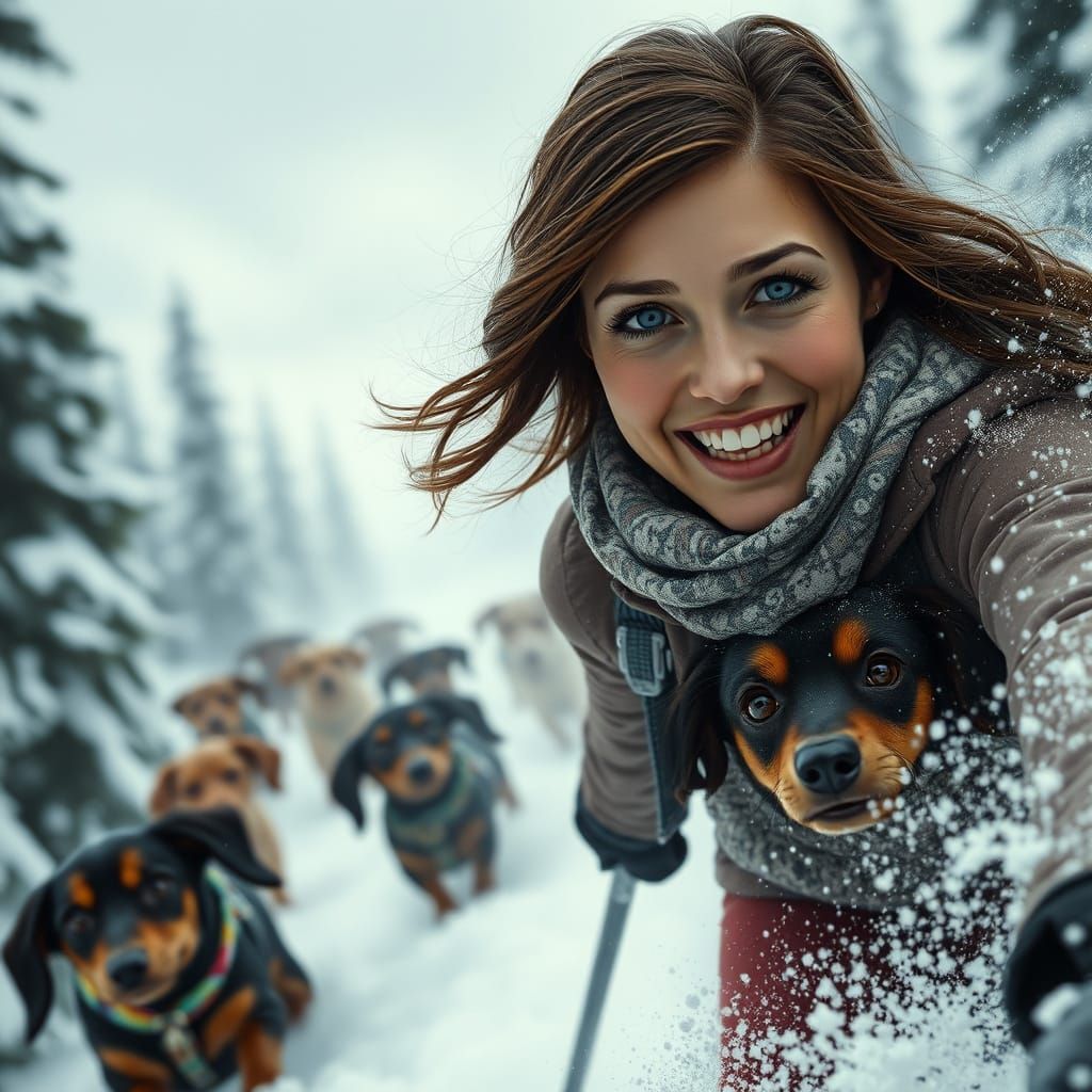 Skiing Brunette with Dimples and Blue Eyes, Chased by Dachsh...