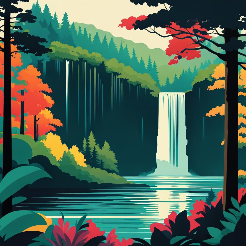 Vintage Travel Poster of Waterfall in Dark Forest