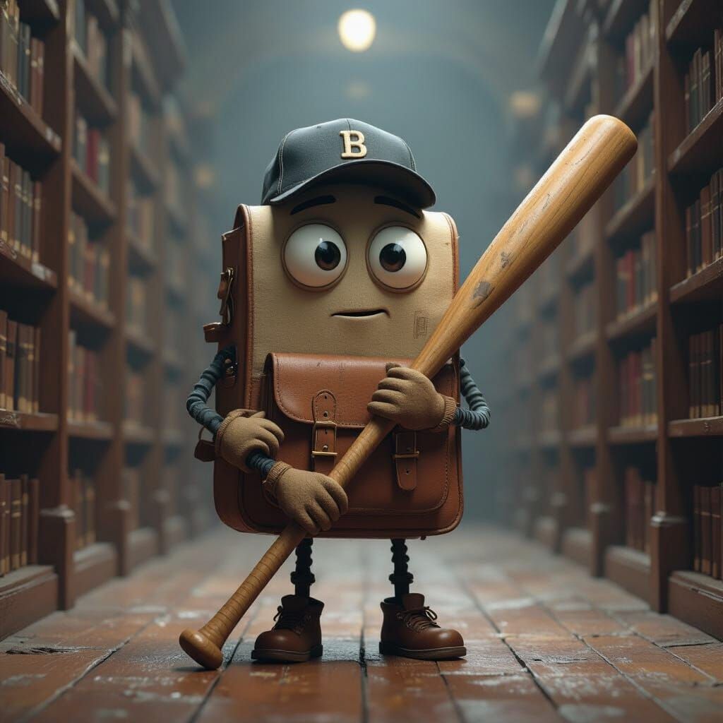 Anthropomorphic Bookbag with Baseball Bat in Library