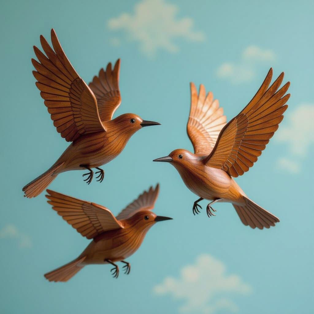 Polished Wood Birds in Flight: Serene Wooden Art