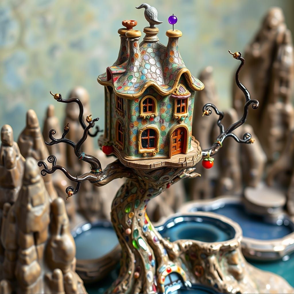 Miniature Gaudi Birdhouse on Surreal Ceramic Tree