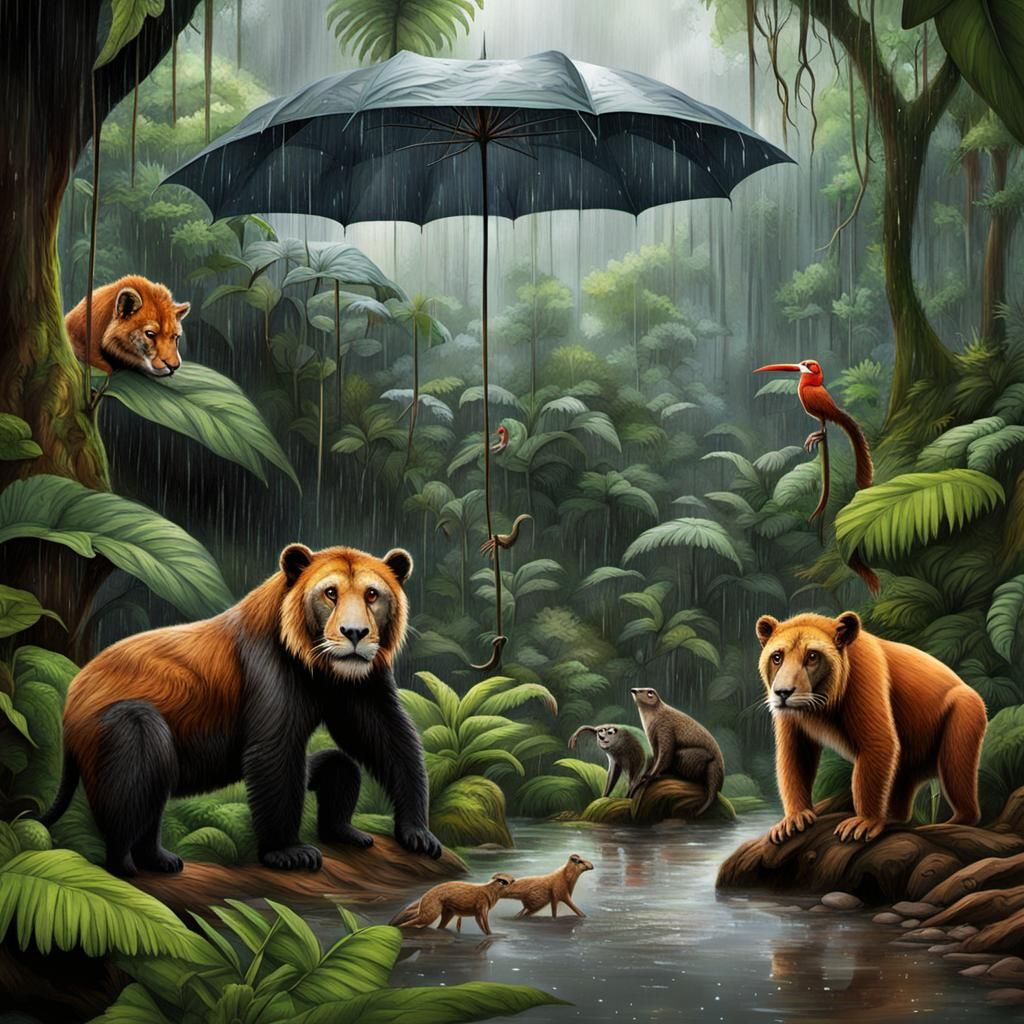 Rainforest Animals Sheltering During a Storm