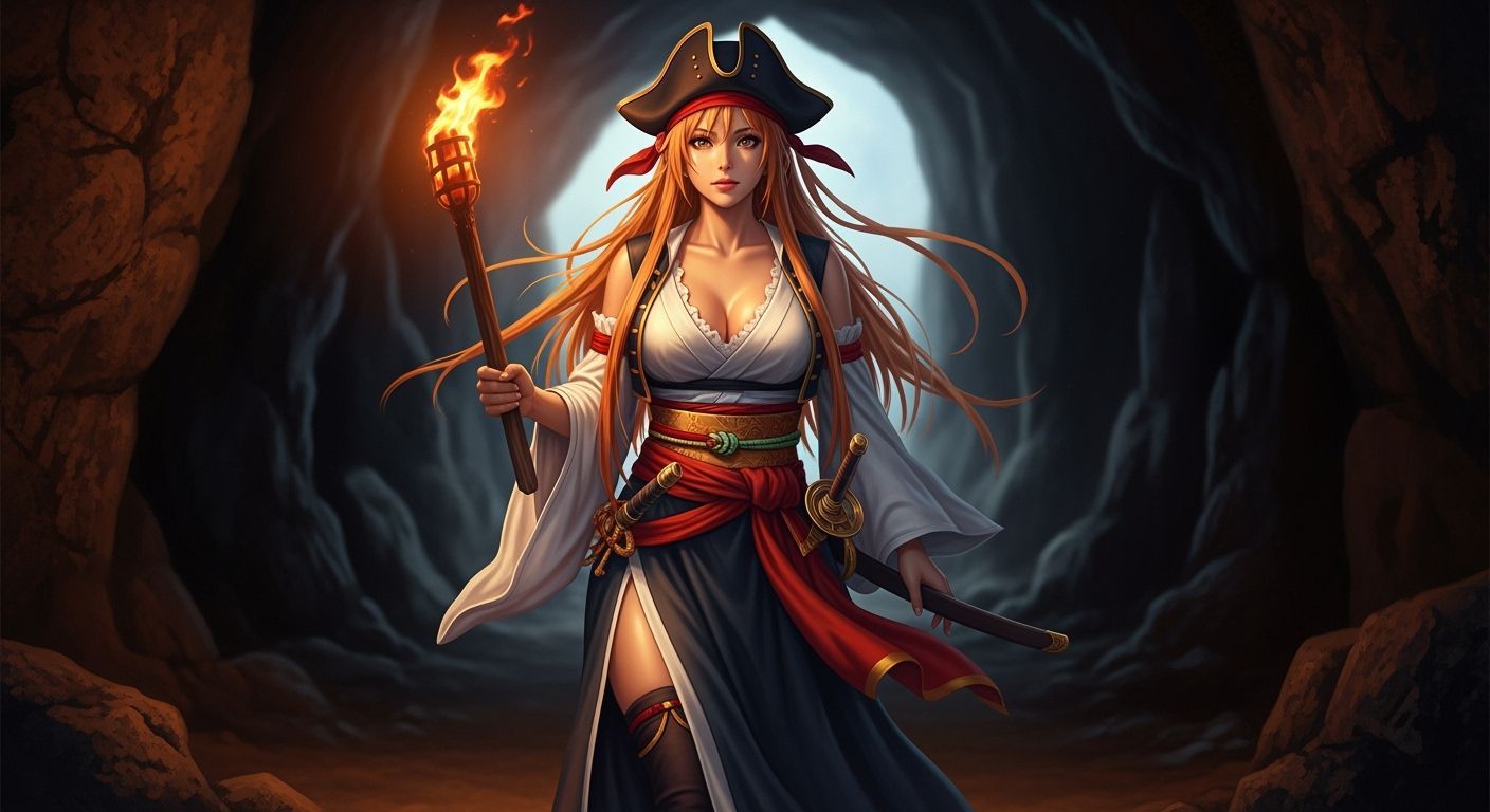 Ethereal Pirate Woman in Shadowy Cave