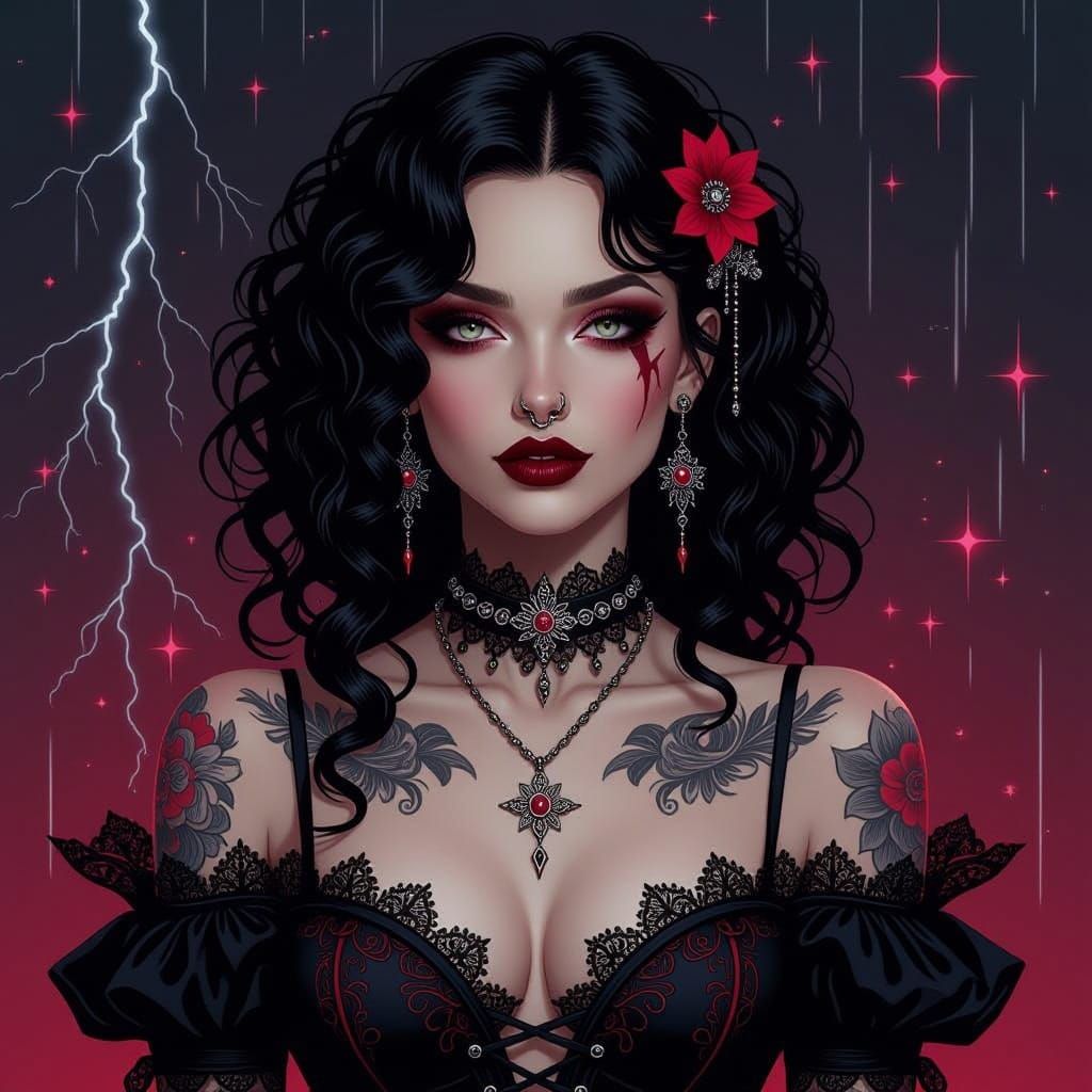 Mysterious Gothic Siren with Twinkling Stars and Dark Majest...