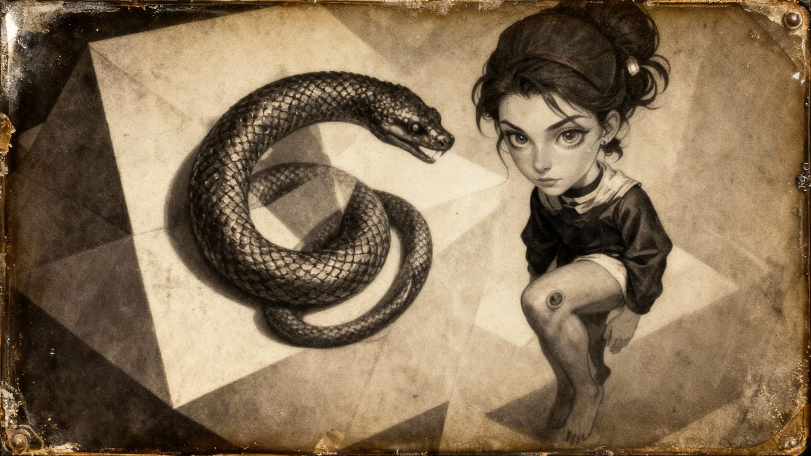 Ouroboros and Descending Figure in Daguerreotype Style