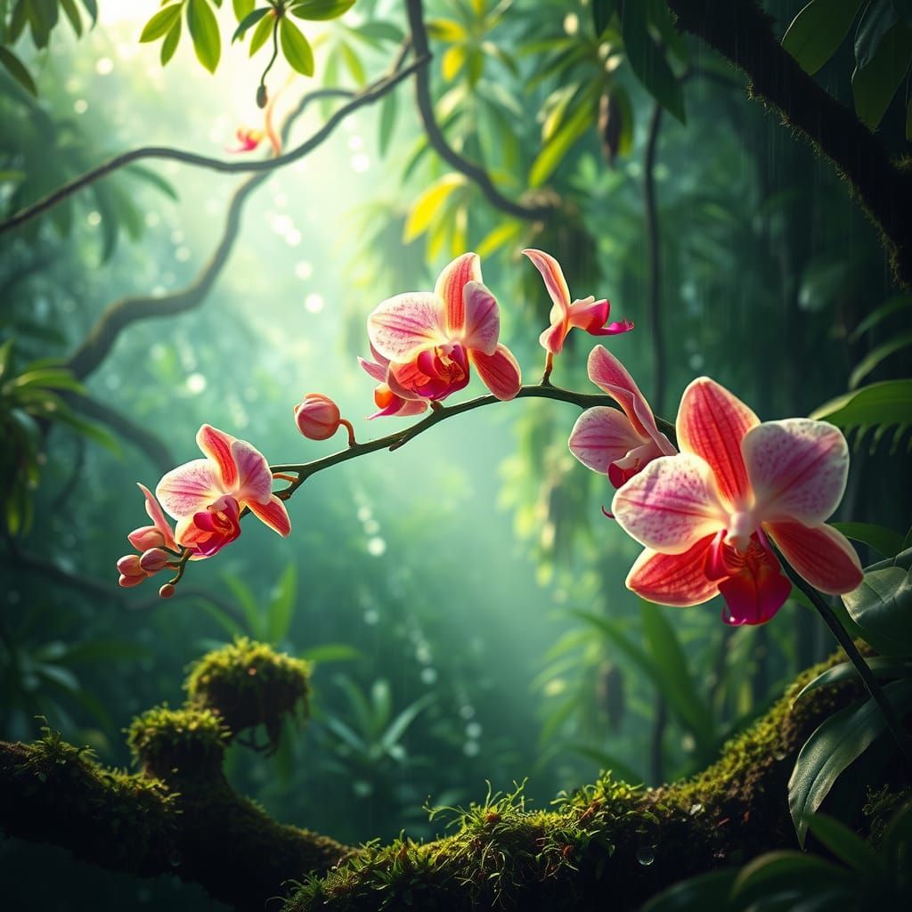 Vibrant Orchids Bloom in Misty Rainforest